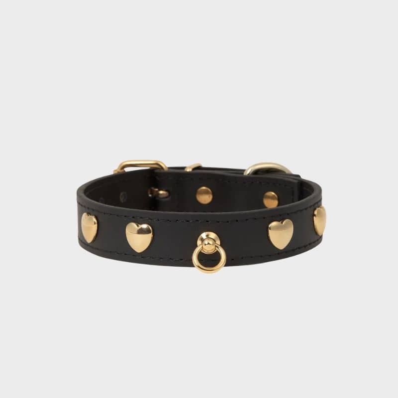 COLLIER EN CUIR POUR CHIEN - NOIR "NARA" AVEC CLOUS DORÉS COEUR